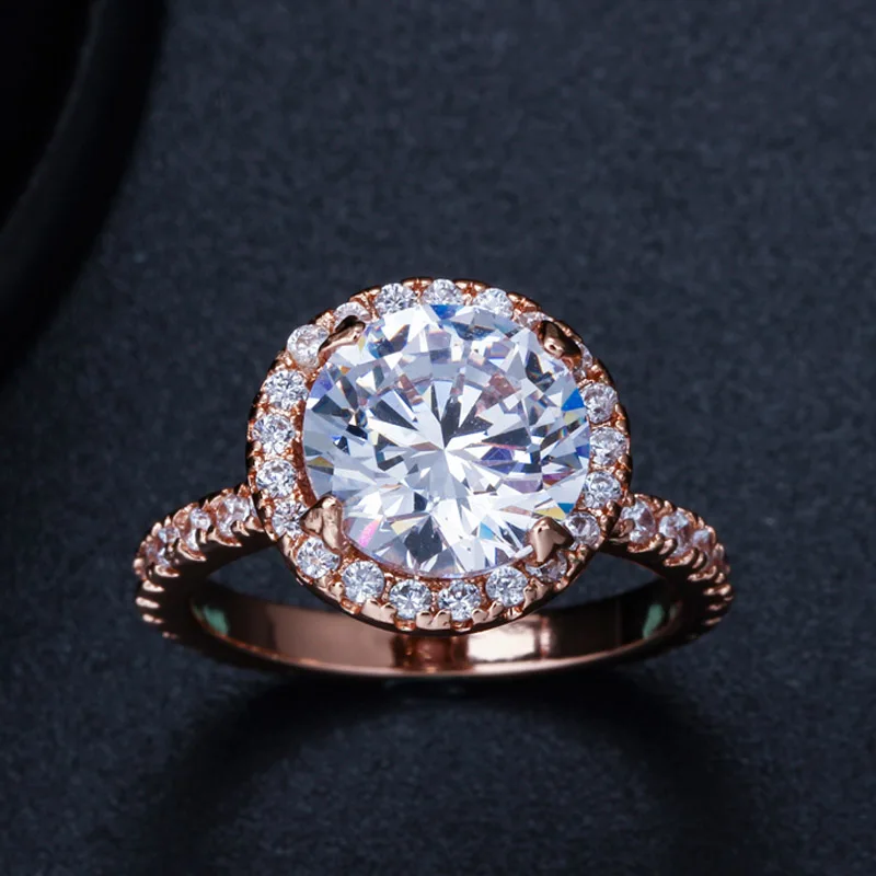BeaQueen Gorgeous Sparkling Big Round Cubic Zirconia Rose Gold Color Rings for Women Engagement Party Wedding Bands Jewelry R059