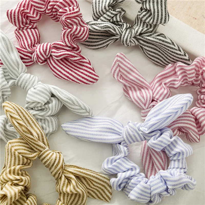 Bunny Ears Hair Scrunchies Elastic Hair Bands Striped Hair Ties Bowknot Scrunchie Sweet Ponytail Holder Girls Hair Accessories