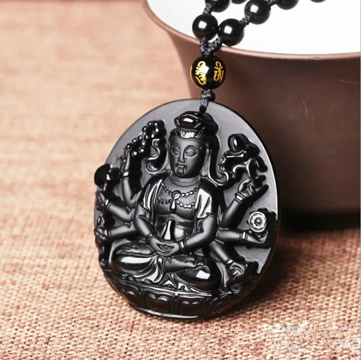 Natural Black Obsidian QianShou Buddha Carved Lucky Amulet polish pendant Necklace Buddha pendants