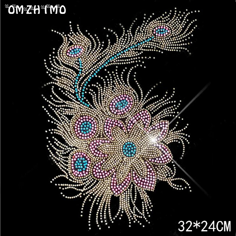 Big size feather motif strass fix ferro sul Rhinestone trasferimento di calore patch di perline applique vestiti patch decorazione del sacchetto