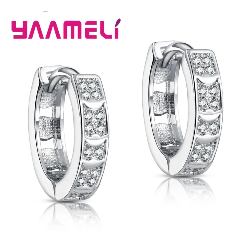 Simple Round Loop Hoop Earrings Shining Silver with 5A Grade Cubic Zircon Stones Mosaic Jewelry for Women Wedding Party