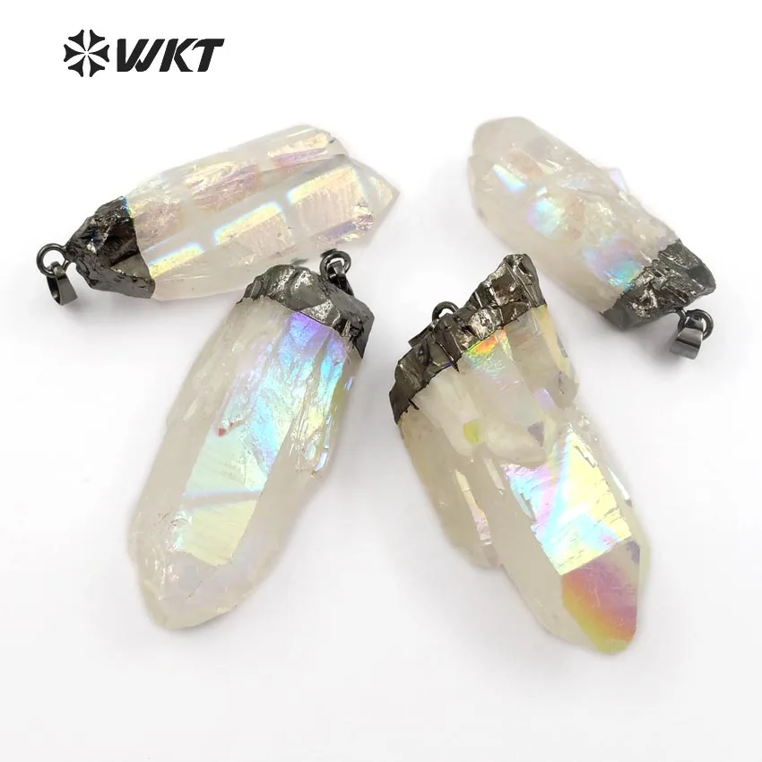 

WT-P993 Colorful Angel Aura Quartz Point With Black Gun Capped Pendant Random Shape Quartz Point Pendant Bohemia Gift For Her