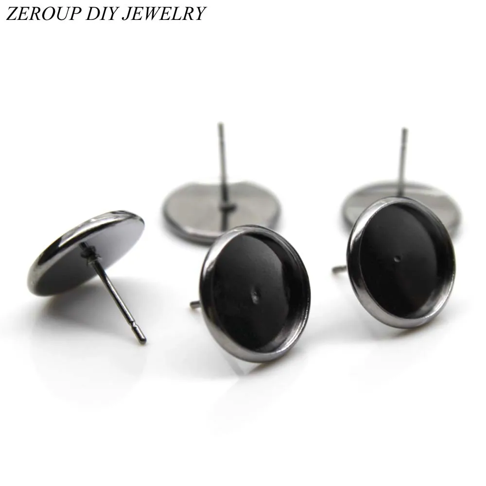 ZEROUP 12mm Stud Earring Round Gun Black Plated glass cabochon base earring setting supplies for jewelry 20pcs/lot