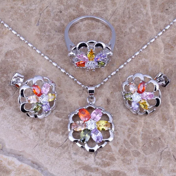 Angelic Multicolor Stones Silver Plated Jewelry Sets Earrings Pendant Ring Size 5 / 6 / 7 / 8 / 9 / 10 S0139A