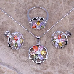 Angelic Multicolor Stones Silver Plated Jewelry Sets Earrings Pendant Ring Size 5 / 6 / 7 / 8 / 9 / 10 S0139A