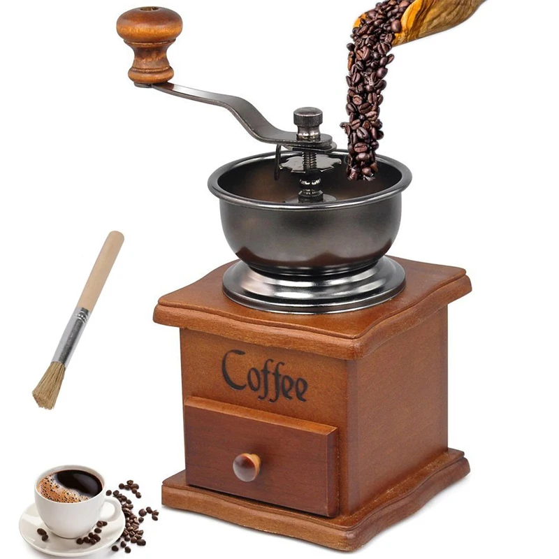 LMETJMA Retro Manuelle Kaffeemühle Edelstahl Kaffeemühle Mühle Mit Kaffee Reinigung Pinsel Holz Design Kaffee Maschine