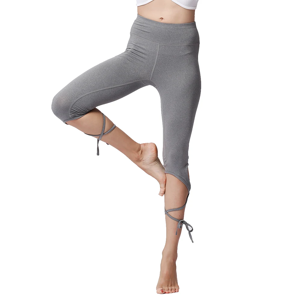 Sport Tights Pants Woman Fitness High Waist Push Up Solid Slim Cross Bandage Lace Stretch Ballet Dance Yoga Gym Crop Leggings