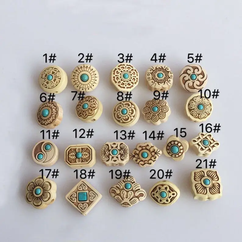 2pcs 14X8mm Natural Boxwood Beads Floral Inlaid Turquoise Carved Crimp End Bead Earrings Jewelry Finding Beading Supplies