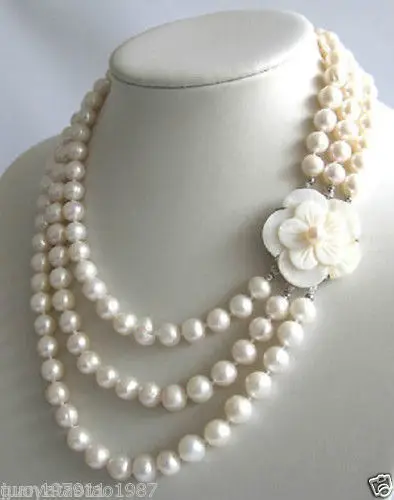 

Nobility Woman's jewelry 3Row 7-8mm White Freshwater Pearl Necklace Shell Clasp Natural $ Luxury Girls Wedding -jewelry