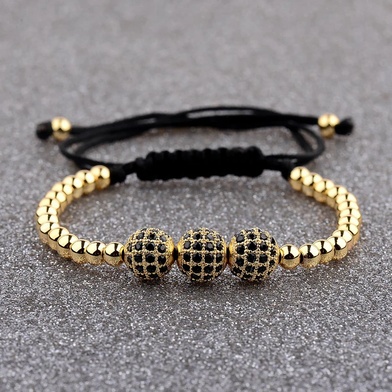 New Gold Color Diy Pave CZ Ball Charm Bracelet Men Women Braided Macrame Copper Beads Jewelry Gift For Men Women