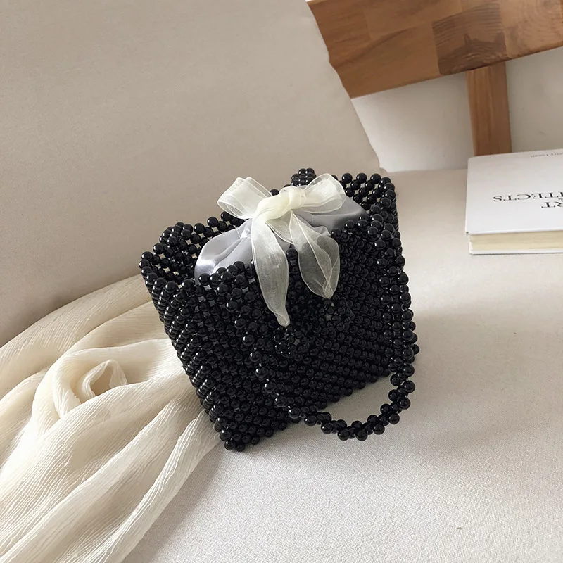 Handmade Women\'s Pearl Bag Hand-knitted Beaded Handbag Bead Shoulder Crossbody Bag Evening Clutches Purses Ladies Hand Bags