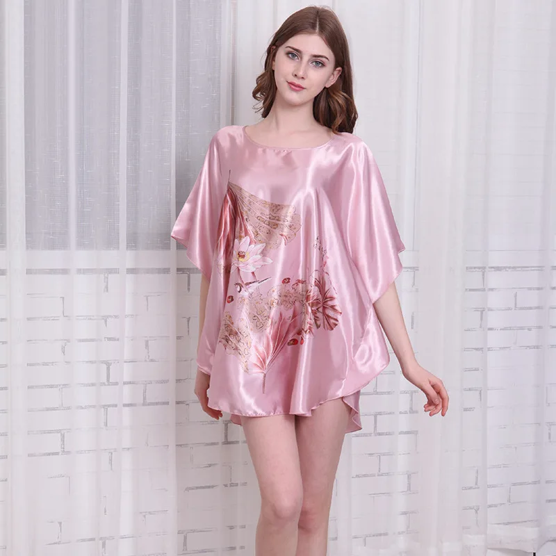 New Summer Silk Sexy Nightgowns Women Elegant Sleepshirts Printed Plus Size Lounge Butterfly Sleeves Coffee Female Nightdress