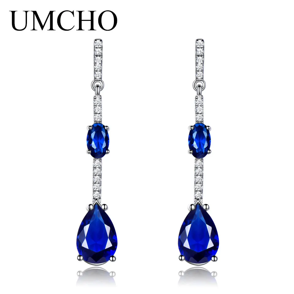 UMCHO Solid 925 Sterling Silver Drop Earrings For Women Blue Sapphire Earrings Wedding Handmade Jewelry Simple Modern Gift