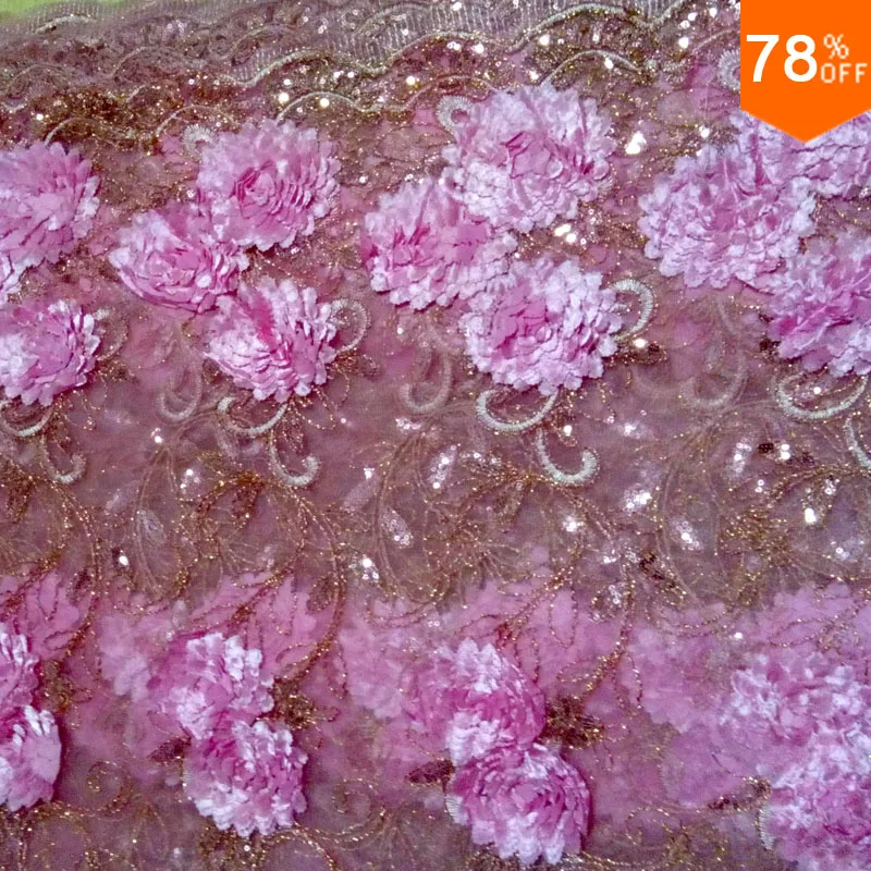 

Luxury Free shipping 3D flowers Pink voile fabric wholesale of wedding Dress Beads clothing sewing African lace fabrics 5 yards