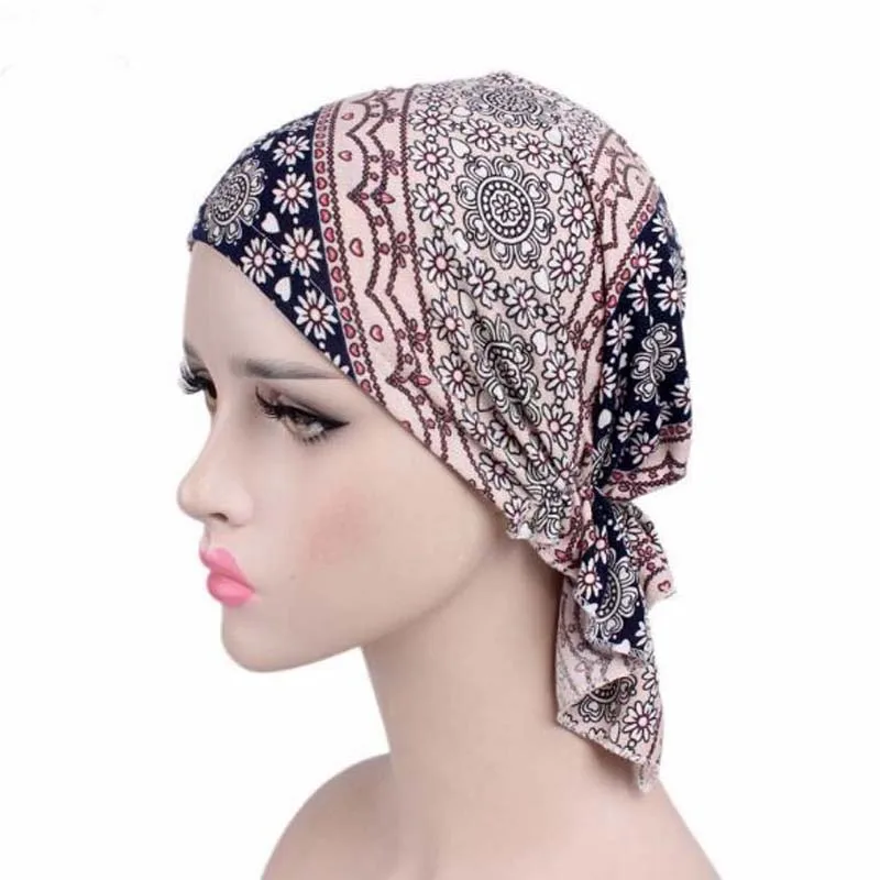 New Stretch Cotton Printing CHEMO CAP Pre-tie style Spring Summer Brand Skullies Beanies Women Turban Chemotherapy Cap