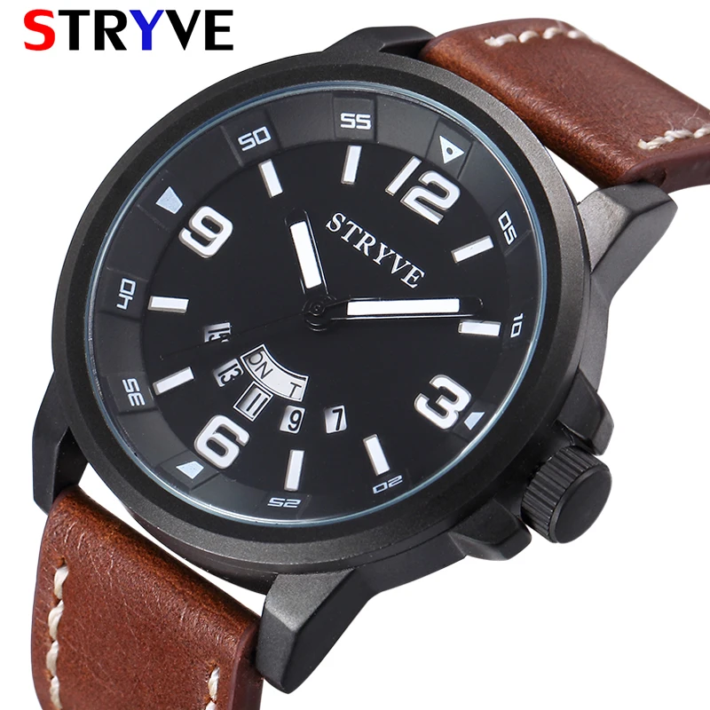 

Stryve Brand New Men's Business Wristwatches Date Week 30M Waterproof Leather Fashion Quartz Luxury Watch Men Relogio Masculino