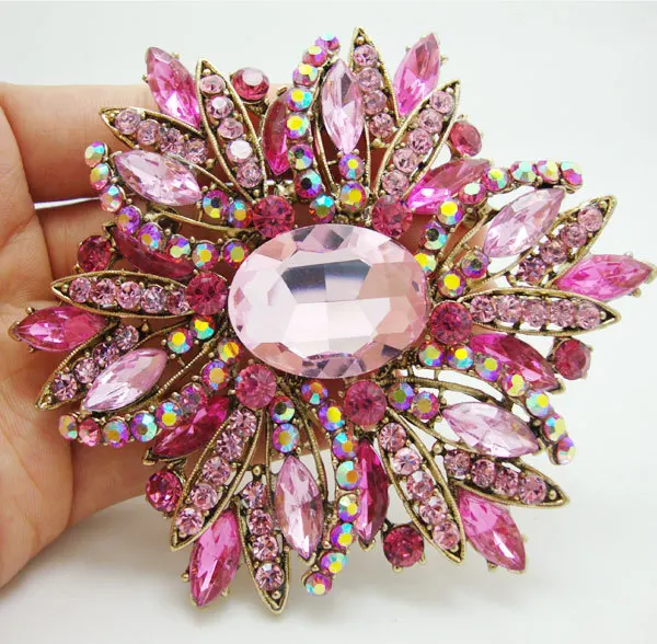 Fashion Beautiful Pink Flower Gold Tone Large Brooch Pin Rhinestone Crystal Party Accessories