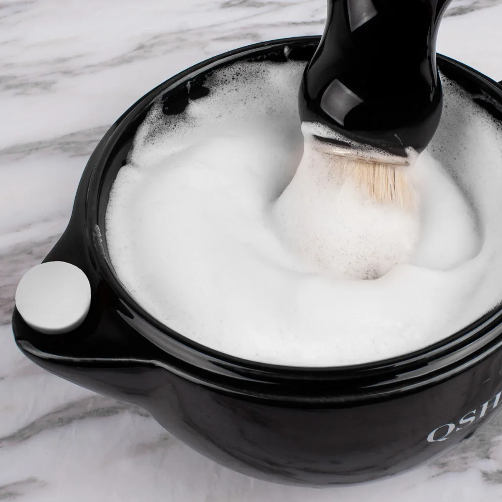 QSHAVE Razor Shaving Scuttle Mug Filled hot Water Keep Lather Always Warm It Large Size Bowl Handmade Pottery Cup Black & White