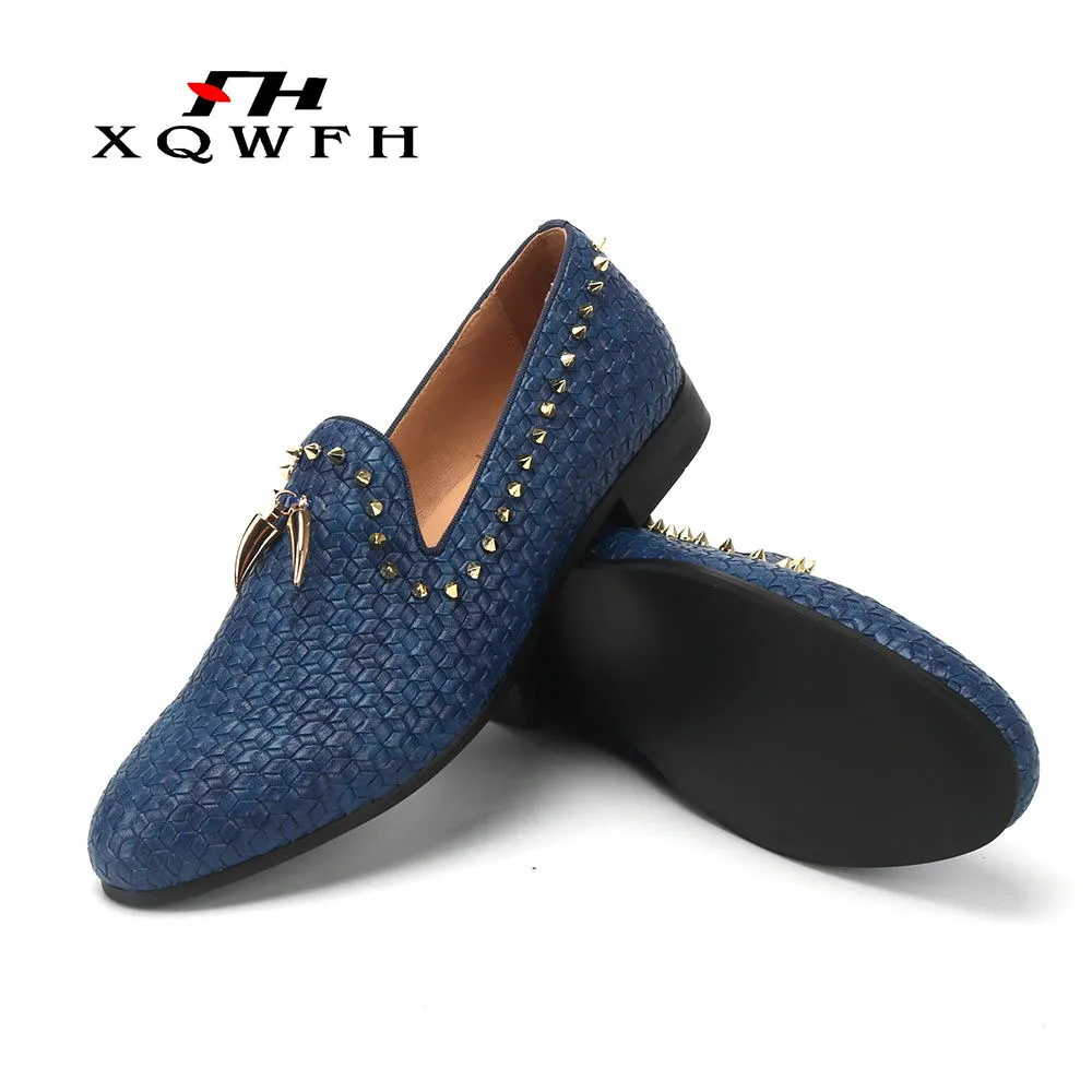 XQWFH Men\'s Braid Leather Loafers Tassel Luxury Penny Slippers Gold Rivets and Buckle Decoration Casual Flats Brand Dress Shoes