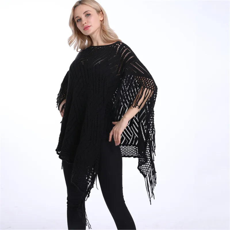 Summer Autumn Woman PonchoThin Sweater Solid Hollow Poncho Cardigan Plus Size Sweaters Tassel Pullovers Bikini Cover Up