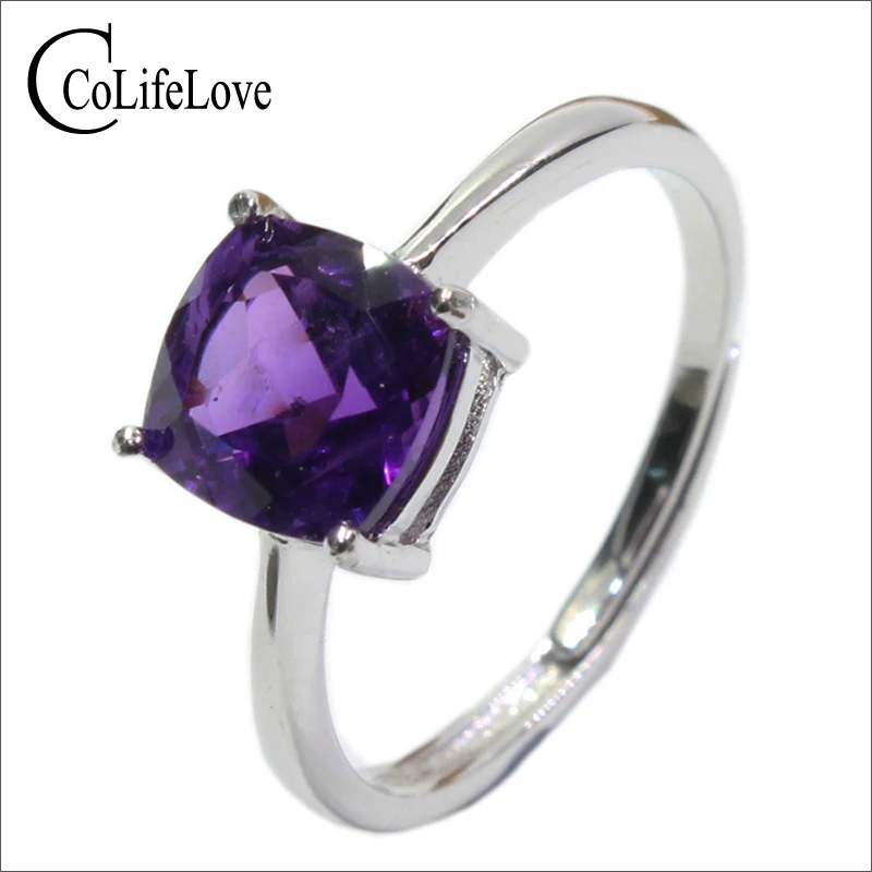 

100% real amethyst silver ring for woman 7 mm * 7 mm natural VS amethyst ring solid 925 silver amethyst ring romantic gift