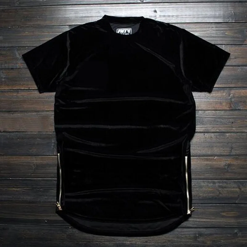 MORUANCLE New Fashion Hi-Street Men Extended Shirt Velour Hip Hop Longline T Shirts Golden Side Zipper Velvet Curved Hem Tee