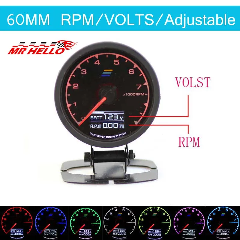 

niversal Racing Gauge RPM Tachometer Gauge GReddi 7 Light Colors LCD Display With Voltage Meter 62mm 2.5 Inch