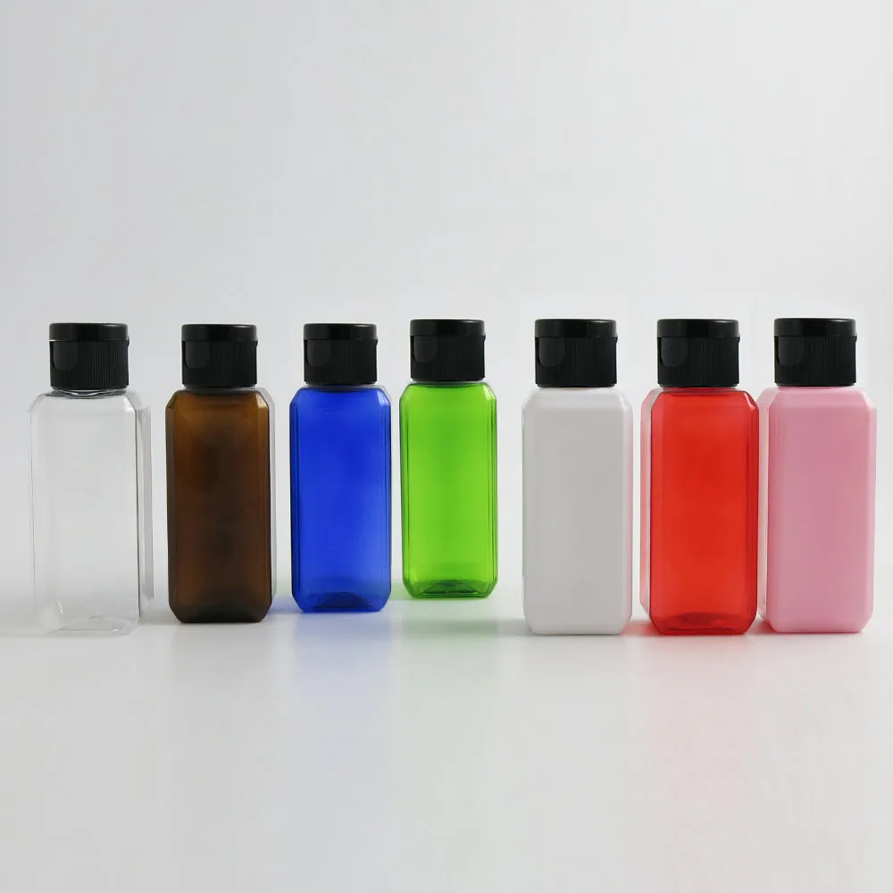 

50 x 60ml Portable Plastic Perfume Bottle 60cc Square Shoulder Bottle Black White Clear Flip Top Cap Cute Cosmetic Container