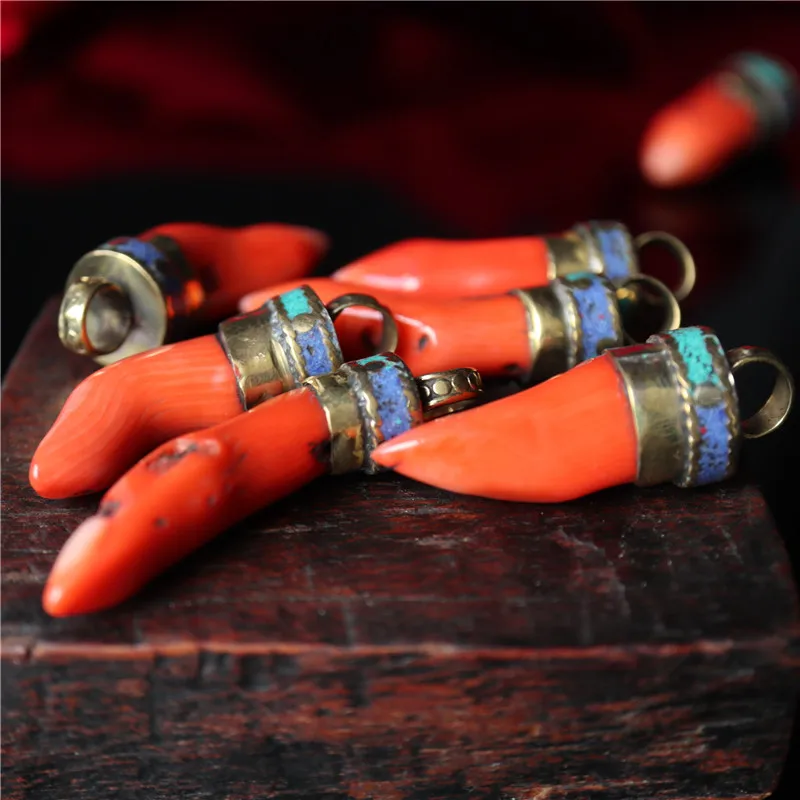 TBP635 Nepal Brass Capped Dyed Bamboo Coral Nuggets Chili Hot Pepper Pendants