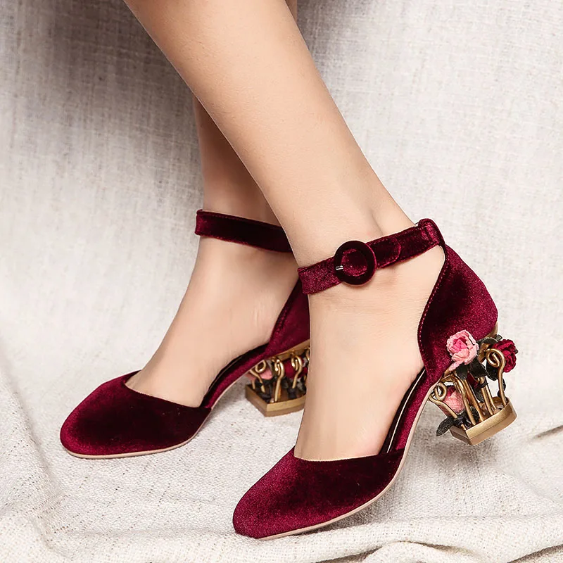 Phoentin ankle strap buckle wedding shoes women bird cage flower heel women\'s genuine leather shoes pumps velvet mary jane FT266