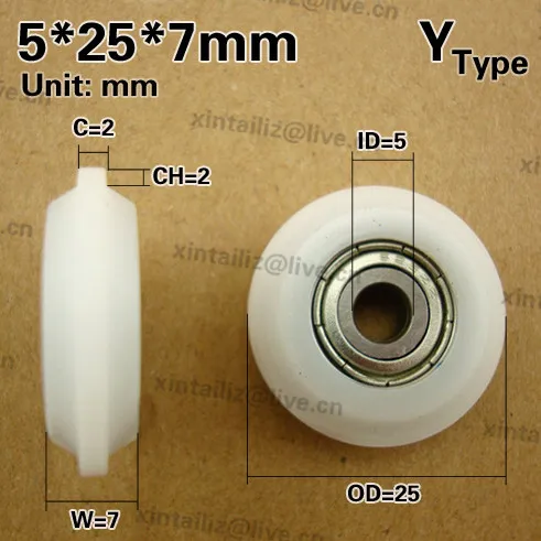 

[Y0525-7]Free Shipping 10 pcs Y type ball bearing injected with POM wheels 5*25*7 Y groove wheel