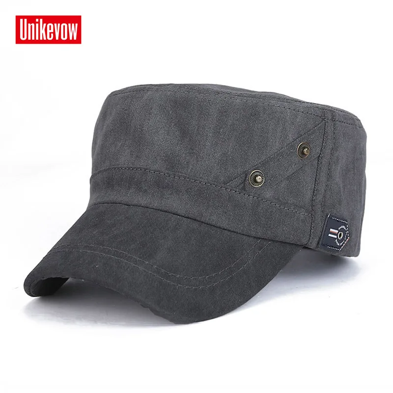 UNIKEVOW 100% Cotton Military Caps Flat top Hat Army Cap With Leather Patch For Men And Women Outdoor Hat Sport Cap