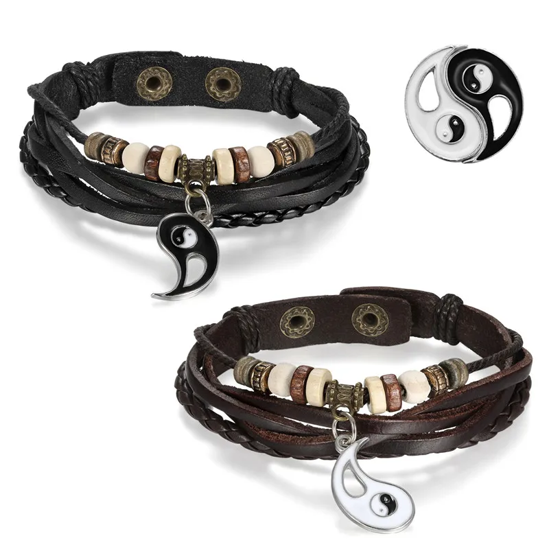 BONISKISS 2Pcs / lot Hot Lovers Bracelets Charm Ying yang Love Leather Bracelet Punk Cheap Couple Jewelry For Men and Women