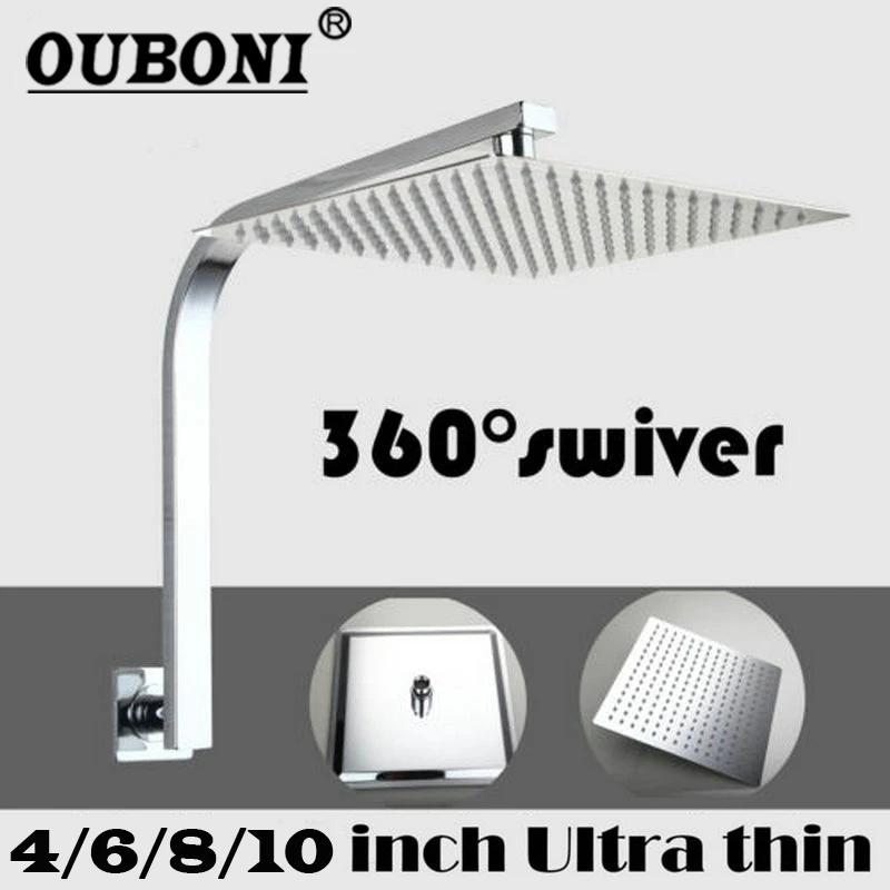 4 6 8 10 inch Bathroom Wall Mounted Square Rainfall Stainless Steel Shower Head Mixer Chrome Finish Sprayer Tap With Shower Arm