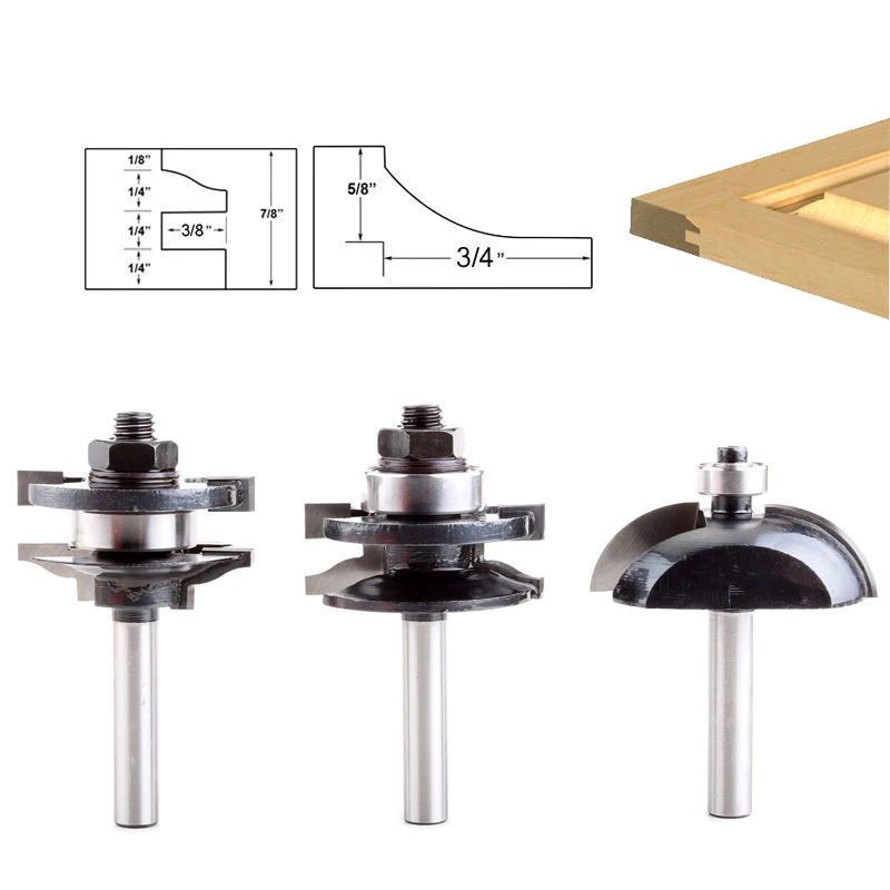 3pcs 8mm Shank Raised Panel Cabinet Door Router Bit Set  Woodworking cutter woodworking router bits carbide bit door knife