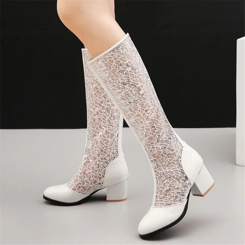 Summer New pattern fashion Round head Sequins Lace Mesh surface High-heeled High cylinder Cool boots white Lace Women sandals