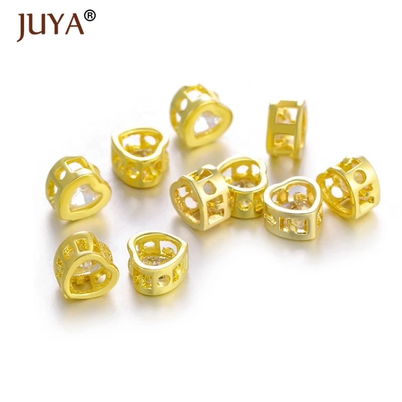 Juya 2pcs Luxury Zircon Crystal Round Heart Beads For Jewelry Making DIY Spacer Bead Bracelet Necklace Sieraden Maken Perles