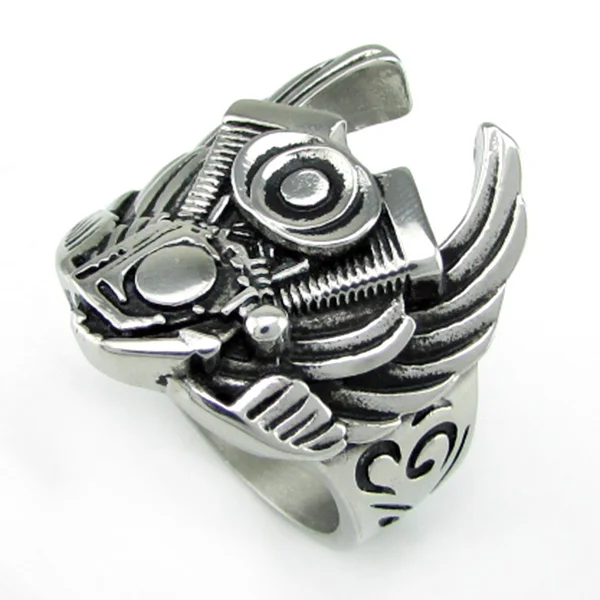 Punk 316L Stainless Steel Silver Color Gold Plated Wings Engine Biker Ring Men\'s Motorcycle Band Party Rings