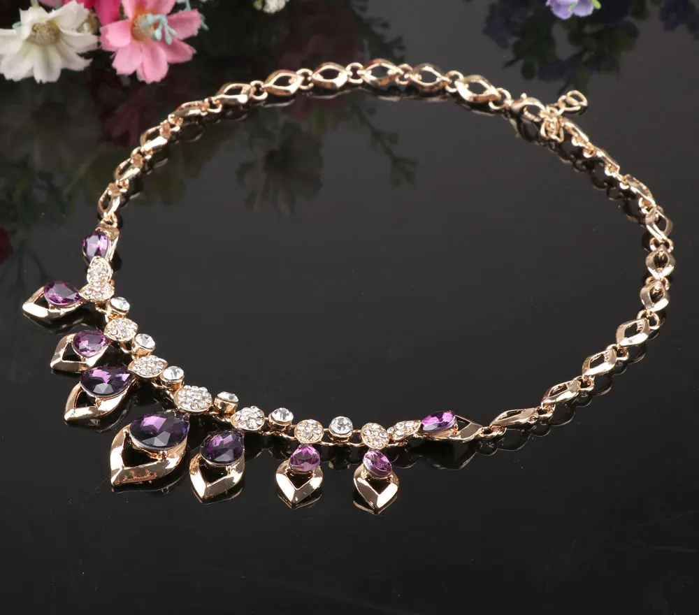 African Jewelry Set Gold Color Purple Zircon Austrian Crystal Women Wedding Necklace Bracelet Earring Ring Jewelry Set