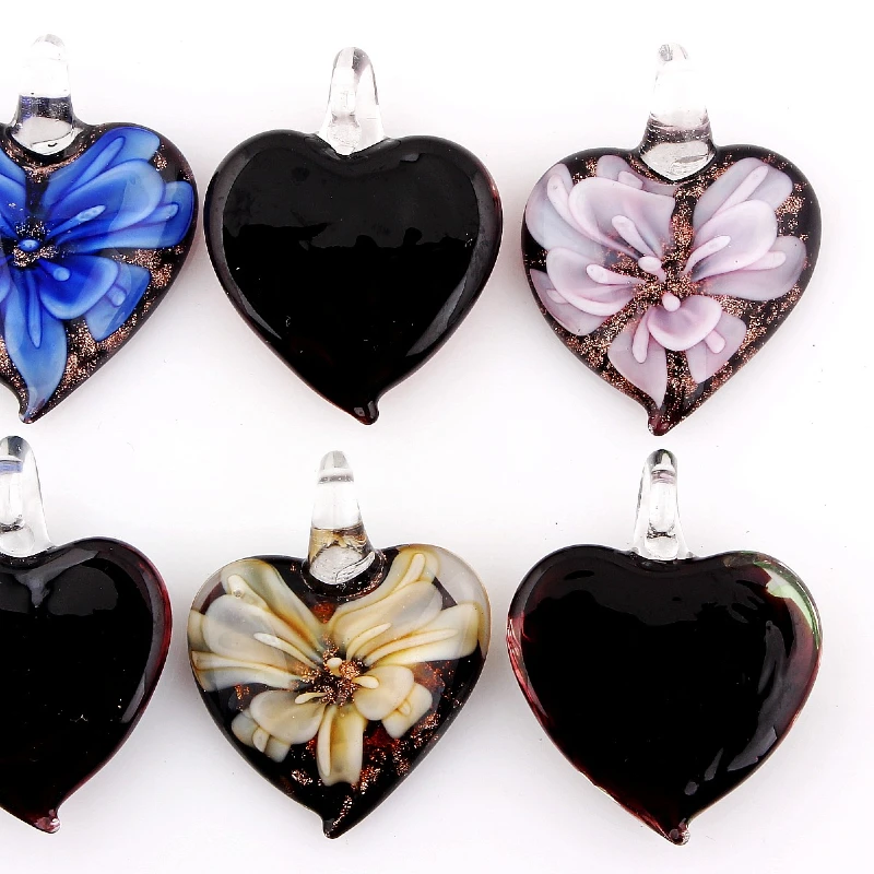 Q Fashion Wholesale 6pcs Handmade Murano Lampwork Glass Mix Color Flower Heart Pendants Fit Necklace