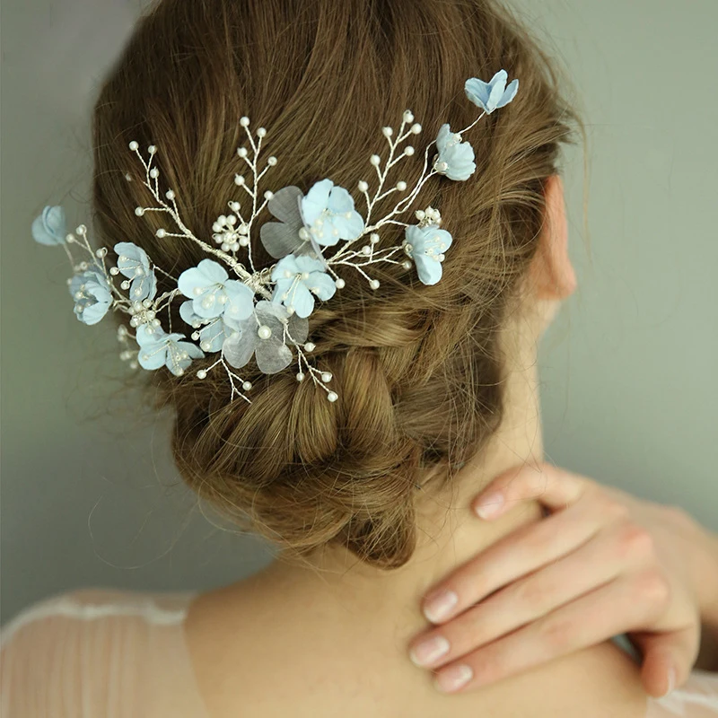 Jonnafe Light Blue Floral Hair Comb Wedding Accessories Pearls Bridal Hair Jewelry Handmade Women Ornaments