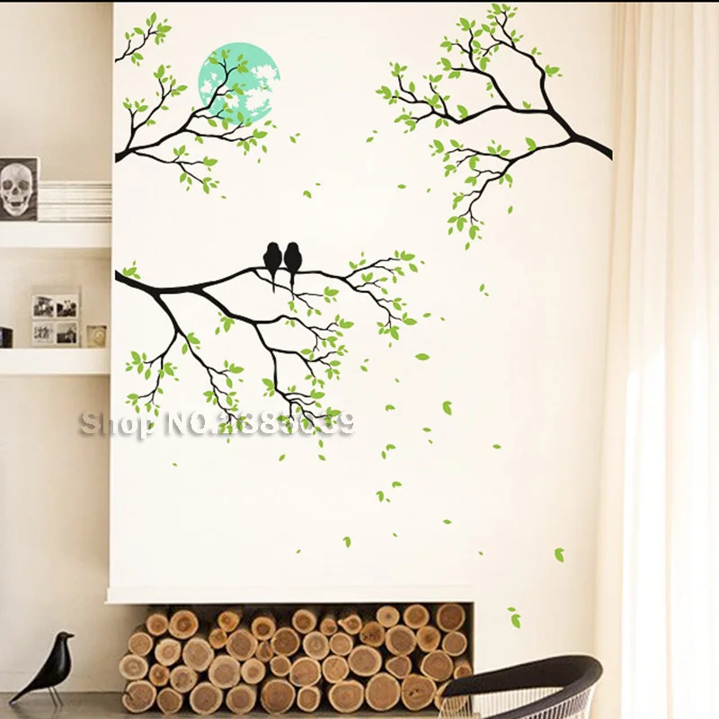 Hot Sale Stickers Midnight Romance Large Tree Branches Mural Nursery Vinyl Wall Decal Art Wall Bird Couple Moon Deciduous LC587