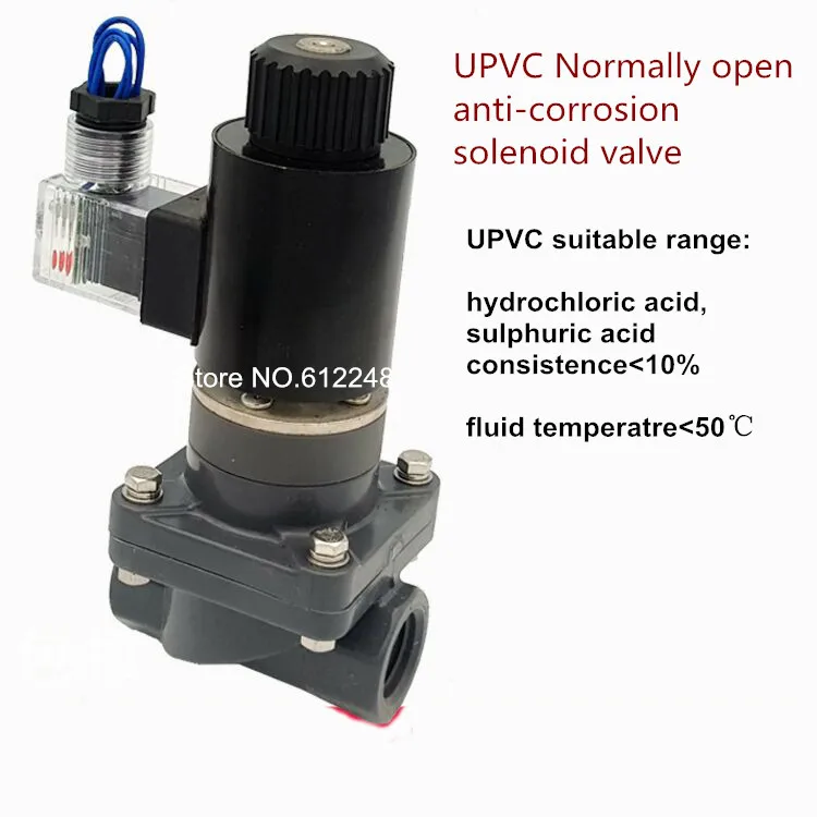 

Normally Open UPVC Solenoid Valve Corrosion Acid Resistance Valve DN15 DN20 DN25 1/2" 3/4" 1"