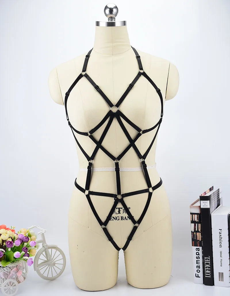 Sexy Black One Piece Body Harness Set Harajuku Punk Body Bondage Harness Bra Fetish Harness Dress Body Cage Harness Panties