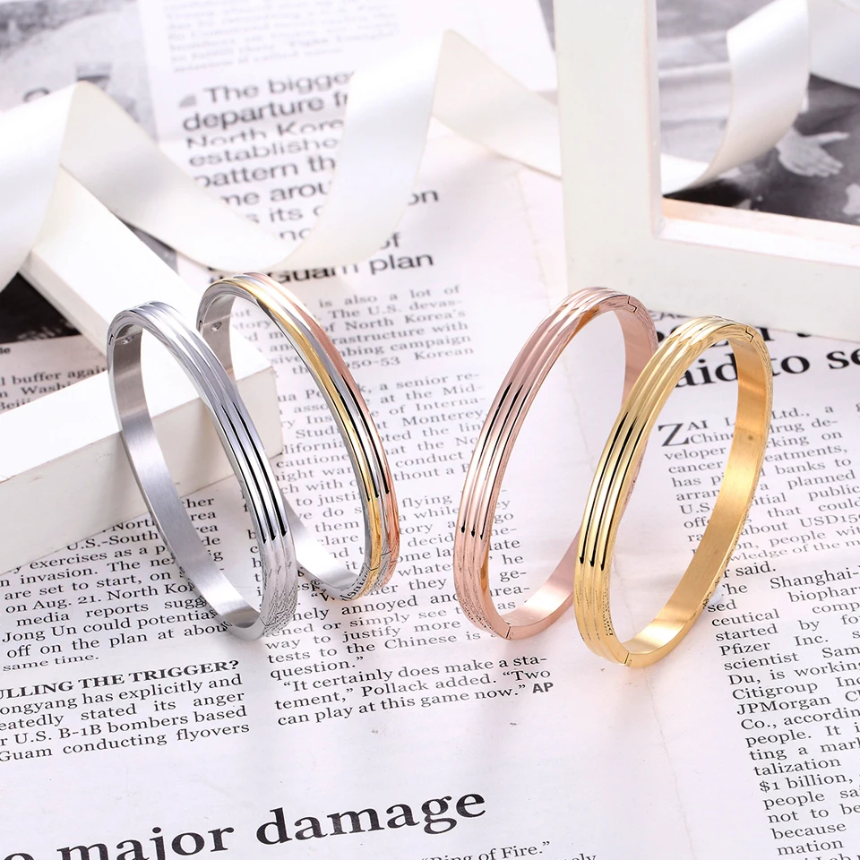 New Top Quality Women Bangle Titanium steel Rose Gold Color Unique Three Sides Round Bangle & Bracelet Jewelry Wedding Brand