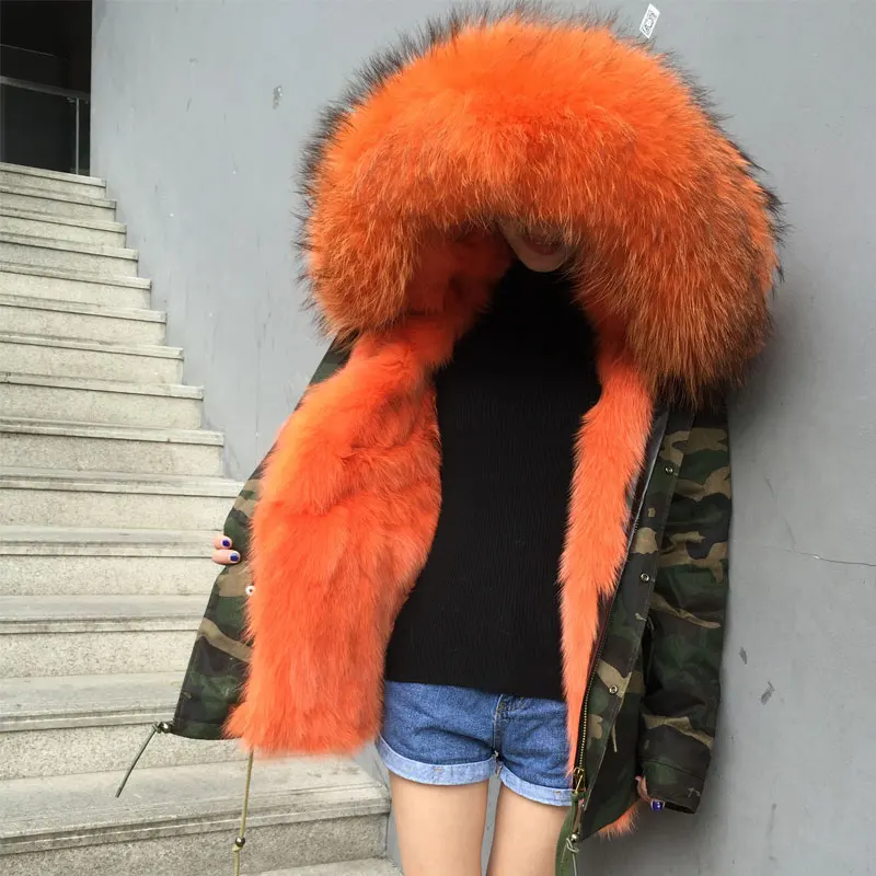 Luxo laranja raposa forro de pele parka camuflagem curto algodão inverno casaco de pele real para mulher