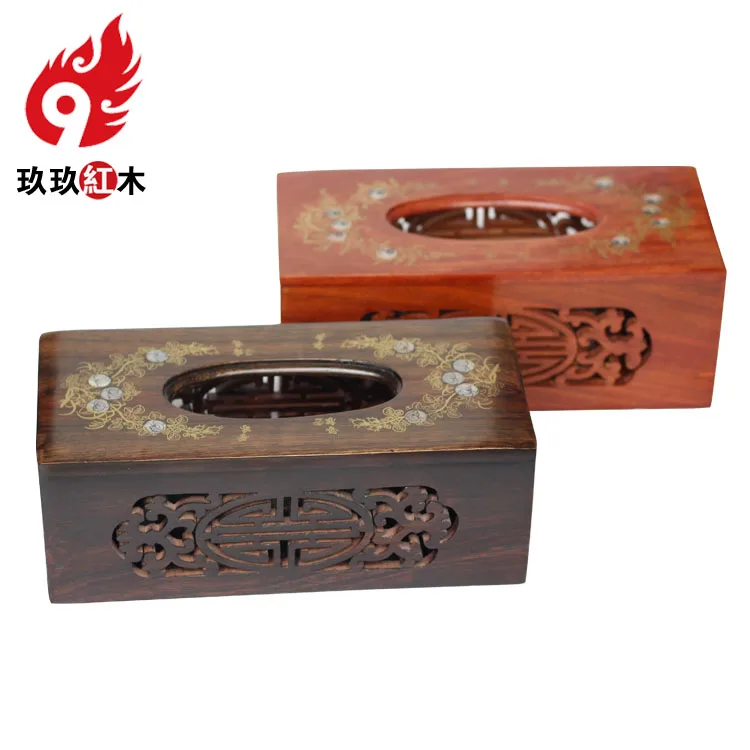 Accusing the import of high-grade rosewood mahogany Tissue Box pumping tray hollow shell inlaid flower napkin storage box large