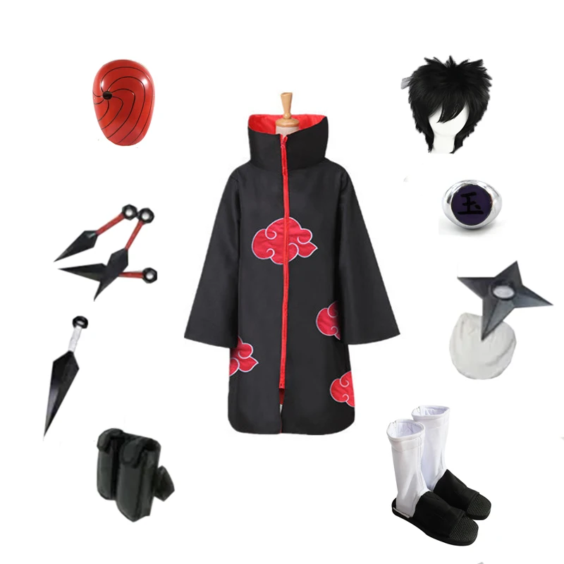 

Brdwn Akatsuki Uchiha Obito Ninja Cosplay Red Cloud Cloak suit (Costume+Shoes+Mask+shuriken+Ring+Kunai+bag)