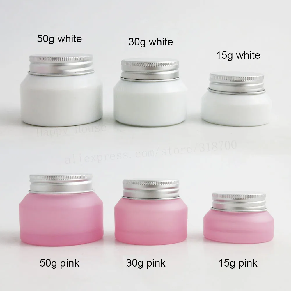 

12 x 15g 30g 50g Top Quality White Pink Glass Cream Jar with Silver Aluminum Lid white Seal Cosmetic Jar Mask Cream Container