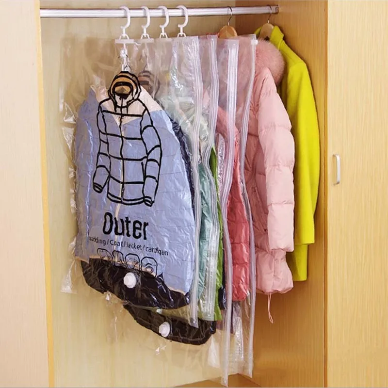 Hanging Vacuum Bags For Clothes Transparent Sealed Compression Pouch Wardrobe Organizer Storage Bag Zip lock Plastic Save Space